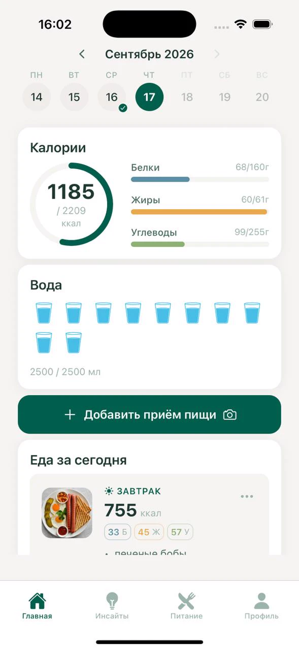 Обновлённый дневник Нутритрэк: калории, баланс БЖУ, вода и приёмы пищи