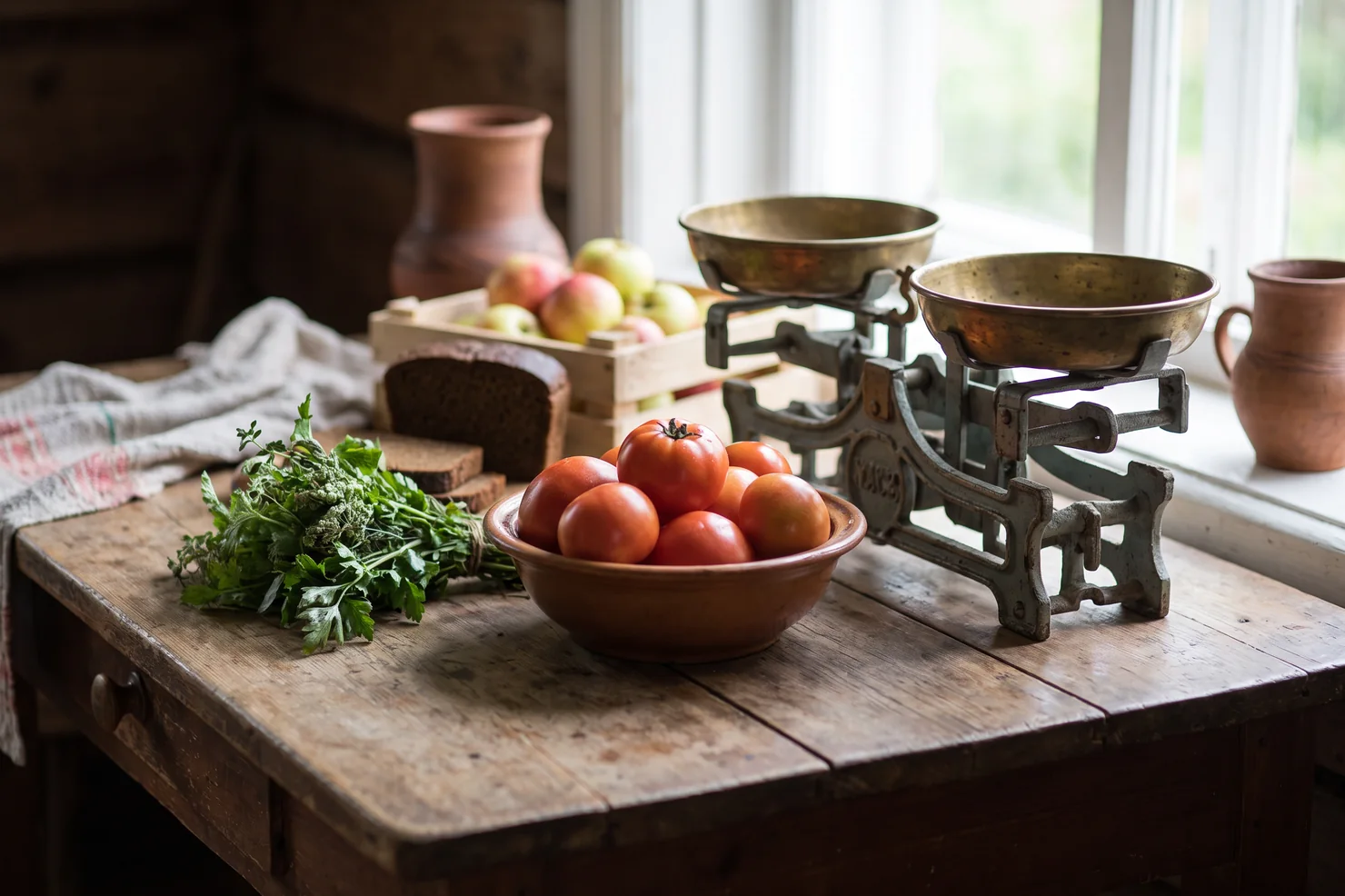 Разные продукты рядом с кухонными весами